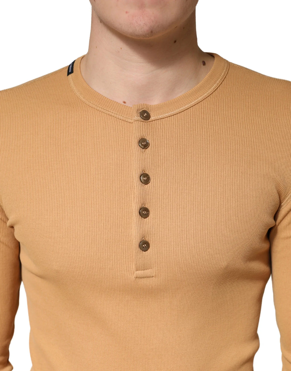 Dolce & Gabbana Camel Ribbed Cotton Long Sleeve Henley Sweater - Zeiniez