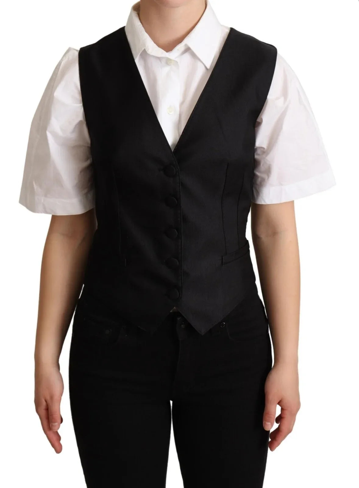 Dolce & Gabbana Solid Black Silk Sleeveless Waistcoat Vest Top - Zeiniez