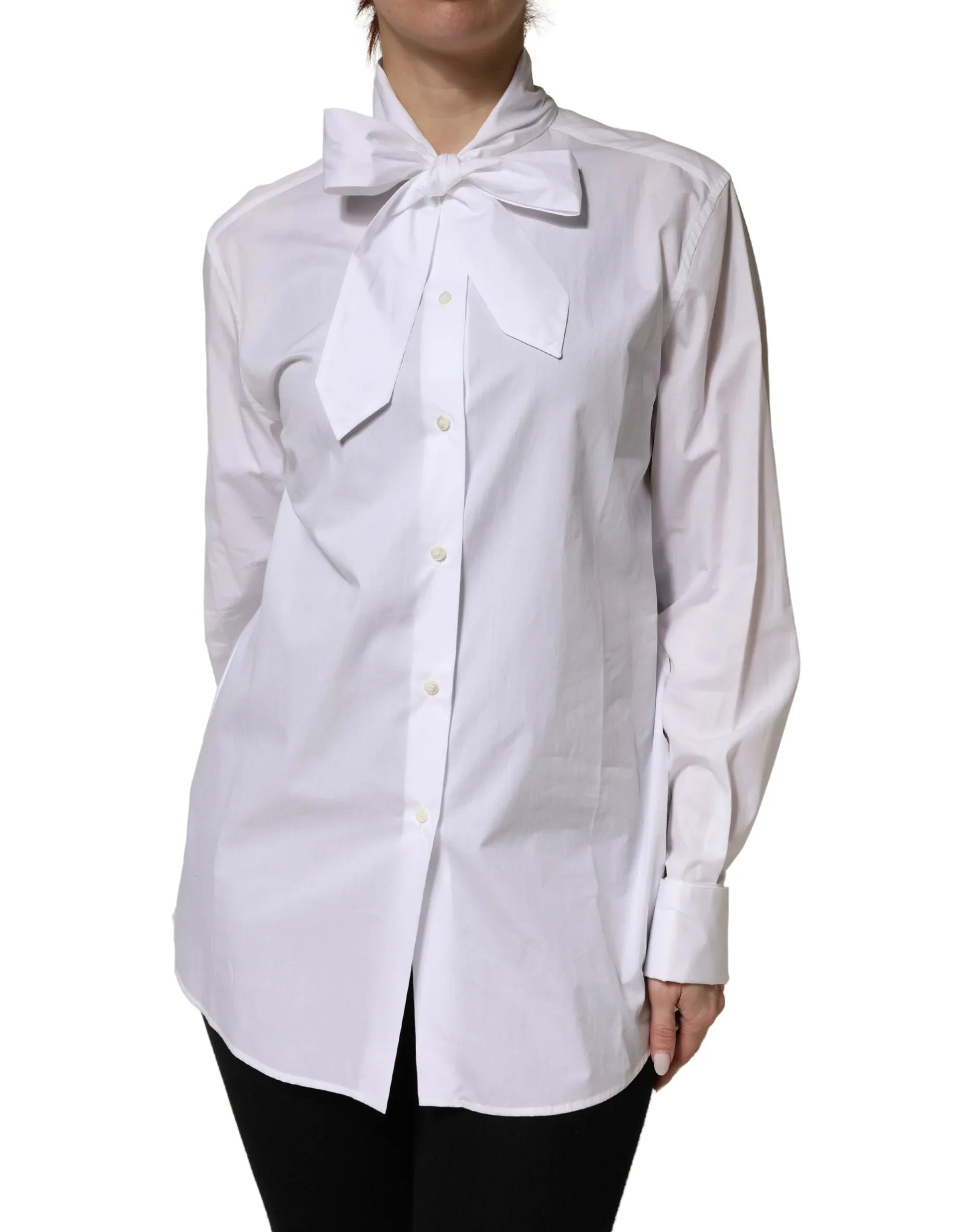 Dolce & Gabbana White Cotton Bow Tie Long Sleeves Blouse Top - Zeiniez