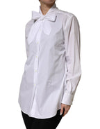 Dolce & Gabbana White Cotton Bow Tie Long Sleeves Blouse Top - Zeiniez