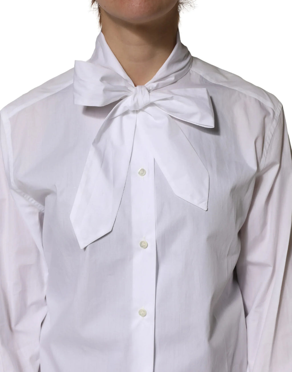 Dolce & Gabbana White Cotton Bow Tie Long Sleeves Blouse Top - Zeiniez