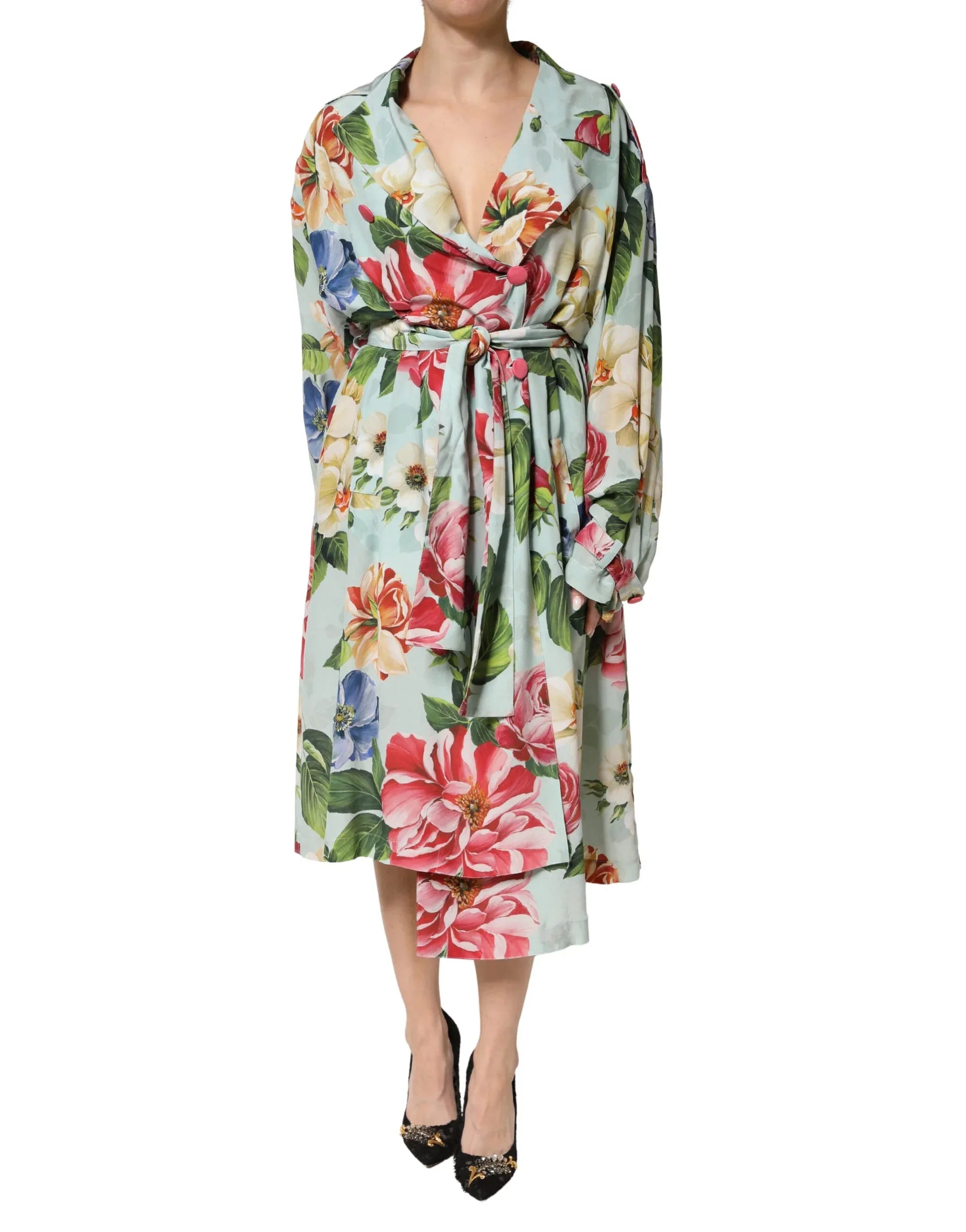 Dolce & Gabbana Green Floral Silk Wrap Midi Long Sleeve Dress - Zeiniez