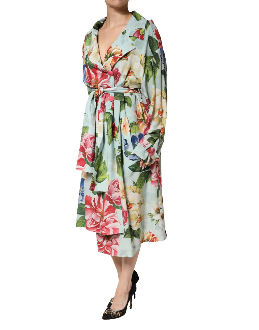 Dolce & Gabbana Green Floral Silk Wrap Midi Long Sleeve Dress - Zeiniez