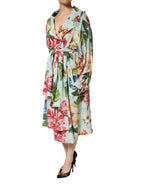 Dolce & Gabbana Green Floral Silk Wrap Midi Long Sleeve Dress - Zeiniez