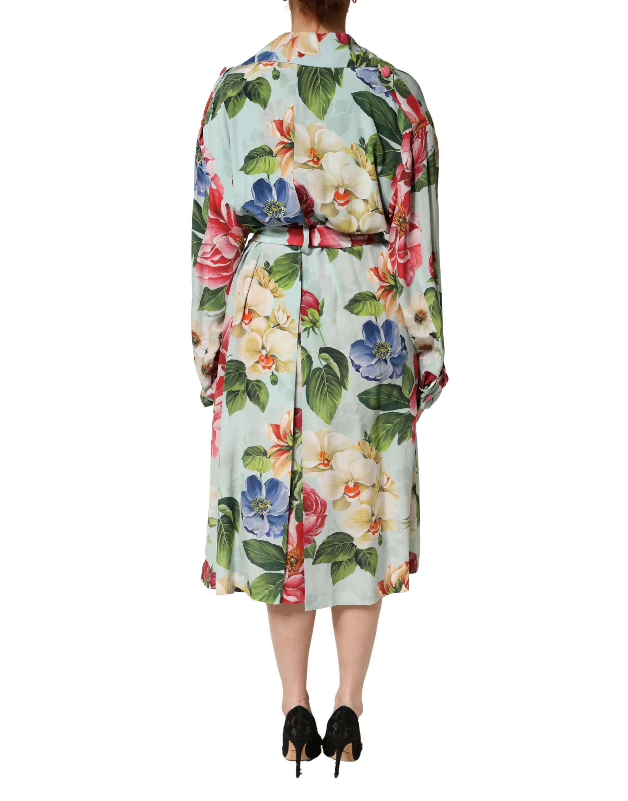 Dolce & Gabbana Green Floral Silk Wrap Midi Long Sleeve Dress - Zeiniez