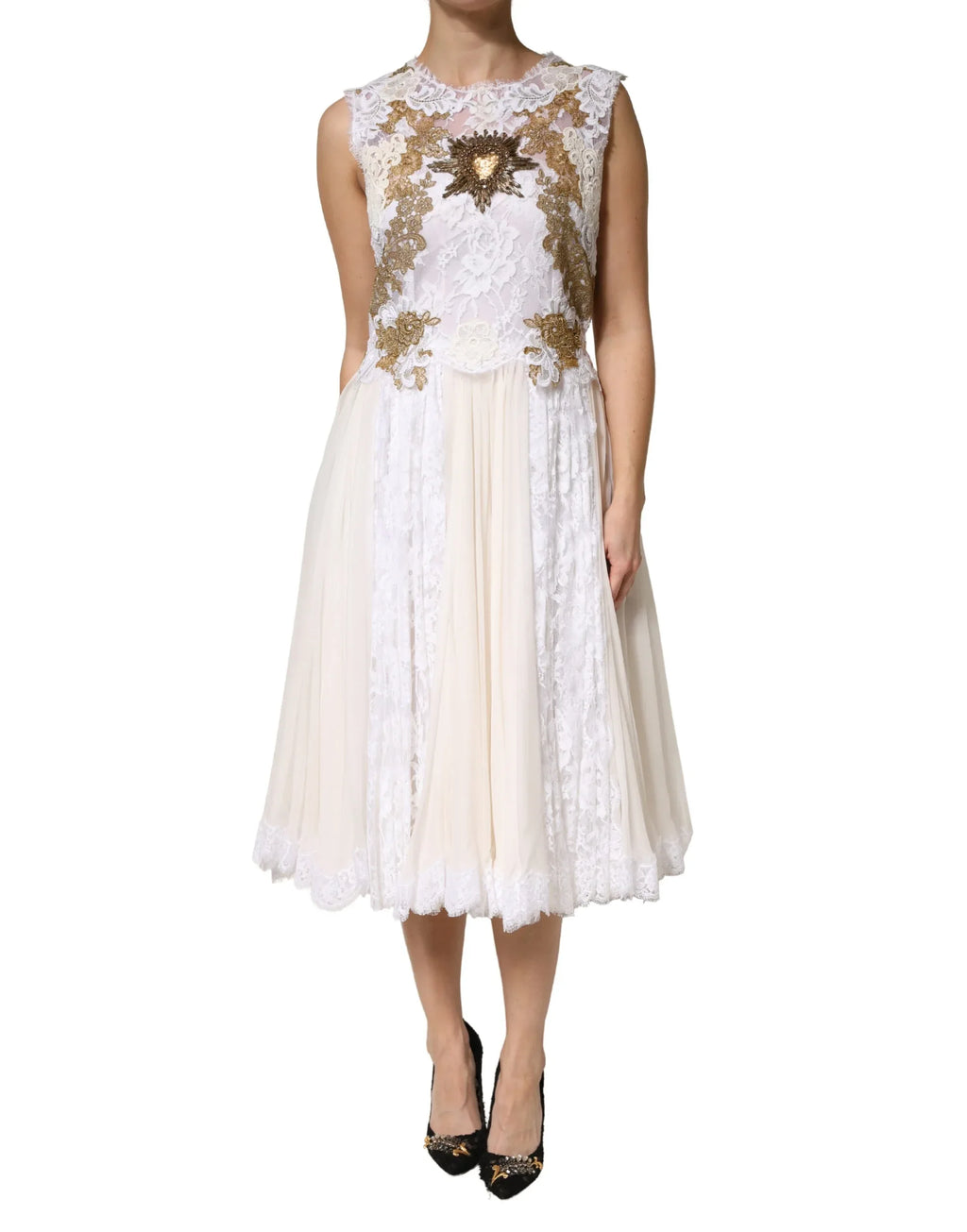 Dolce & Gabbana Ivory Lace Silk Embellished Sleeveless Dress - Zeiniez