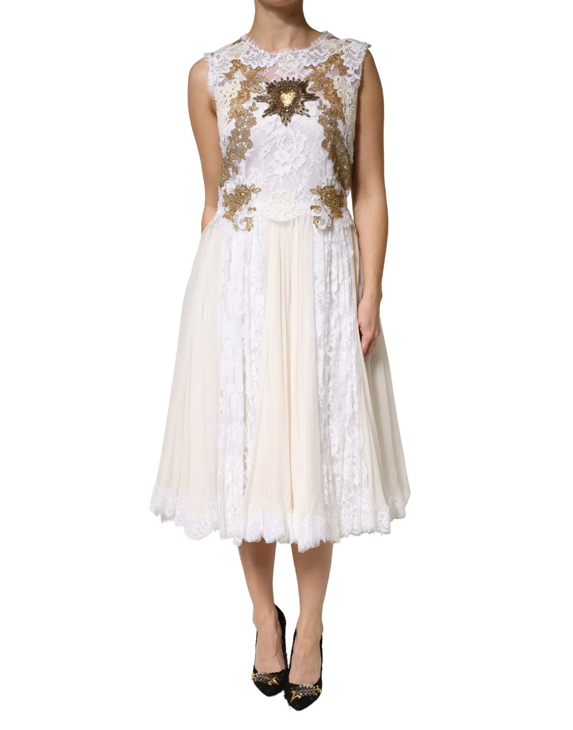Dolce & Gabbana Ivory Lace Silk Embellished Sleeveless Dress - Zeiniez
