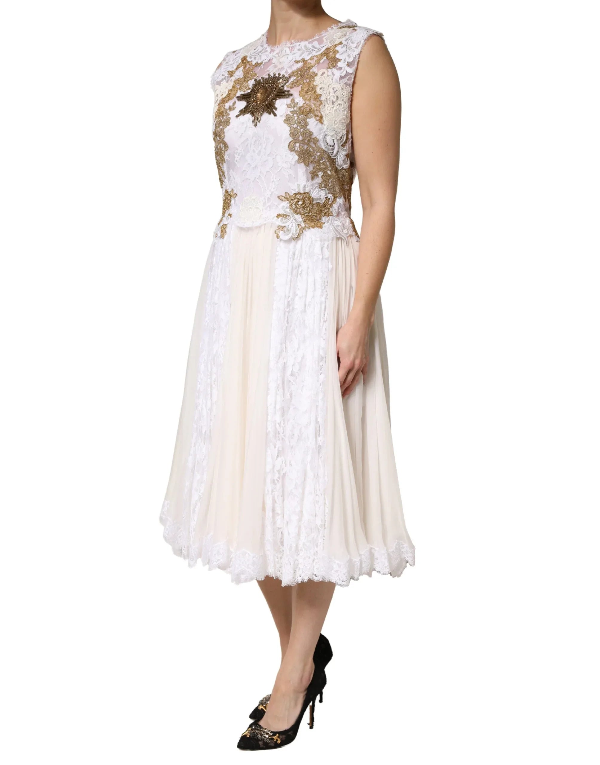 Dolce & Gabbana Ivory Lace Silk Embellished Sleeveless Dress - Zeiniez