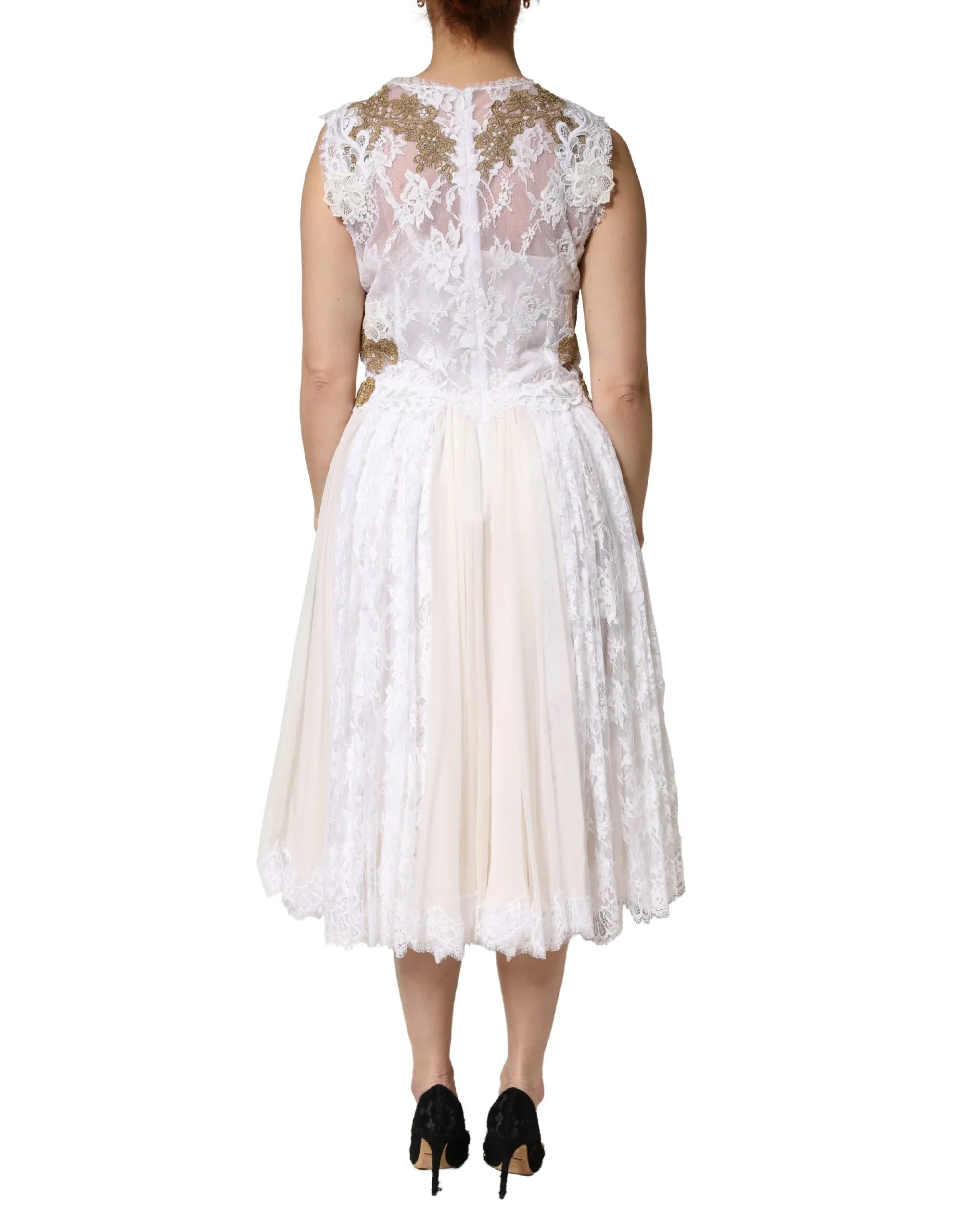 Dolce & Gabbana Ivory Lace Silk Embellished Sleeveless Dress - Zeiniez