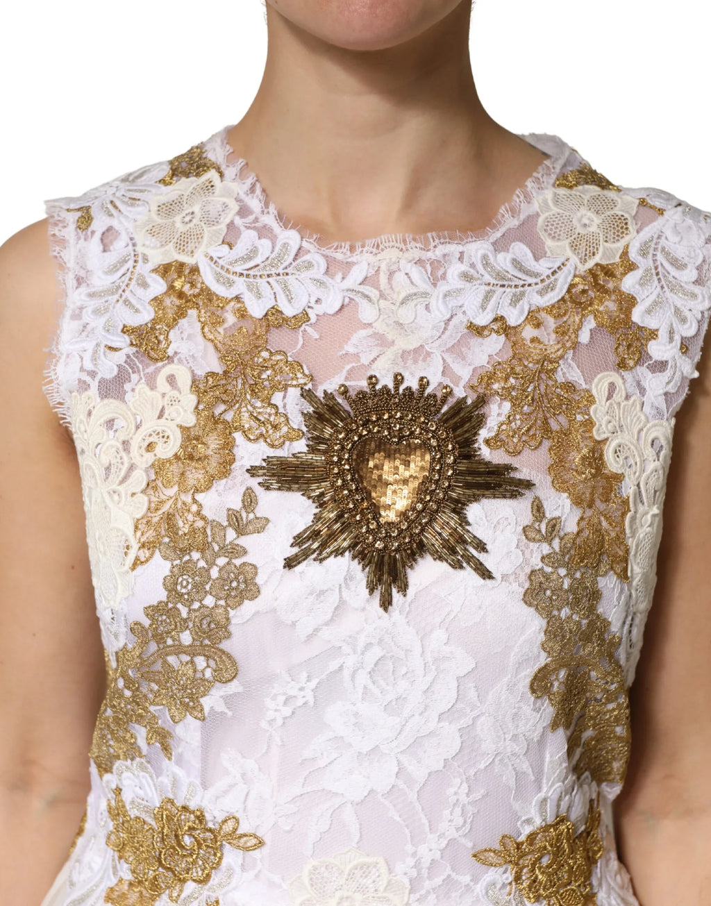 Dolce & Gabbana Ivory Lace Silk Embellished Sleeveless Dress - Zeiniez