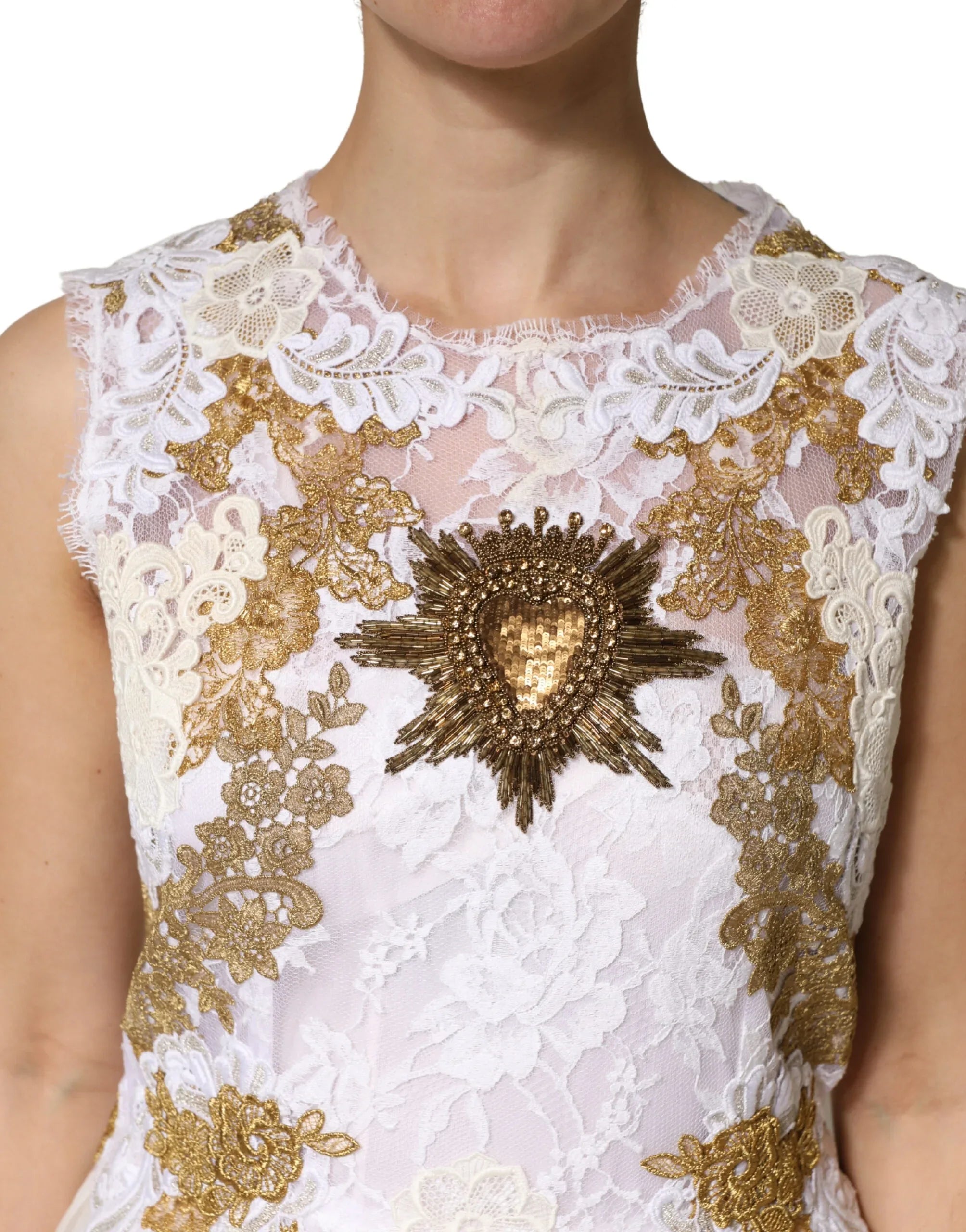Dolce & Gabbana Ivory Lace Silk Embellished Sleeveless Dress - Zeiniez
