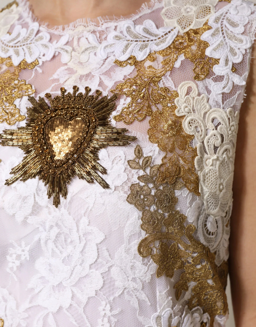 Dolce & Gabbana Ivory Lace Silk Embellished Sleeveless Dress - Zeiniez