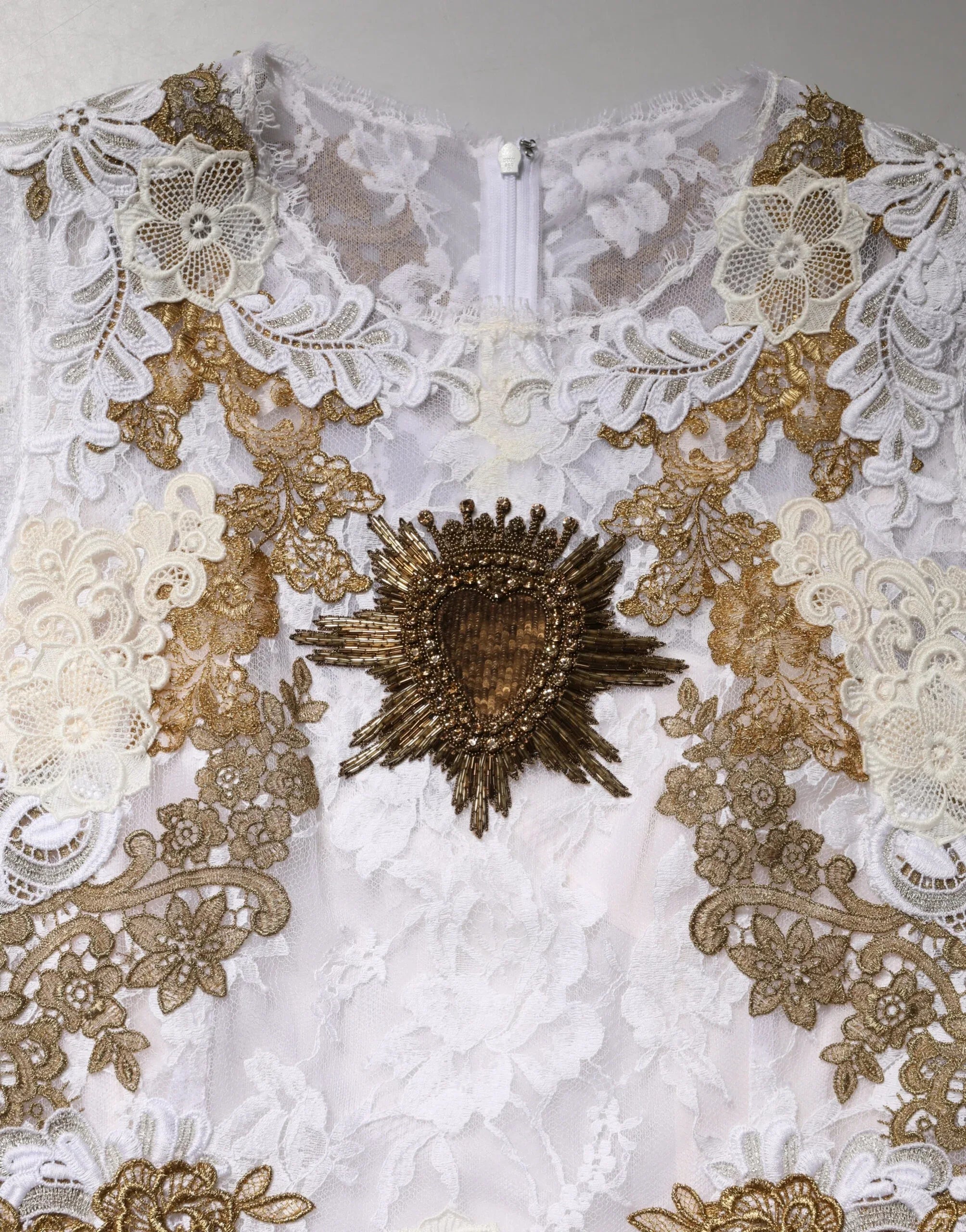 Dolce & Gabbana Ivory Lace Silk Embellished Sleeveless Dress - Zeiniez