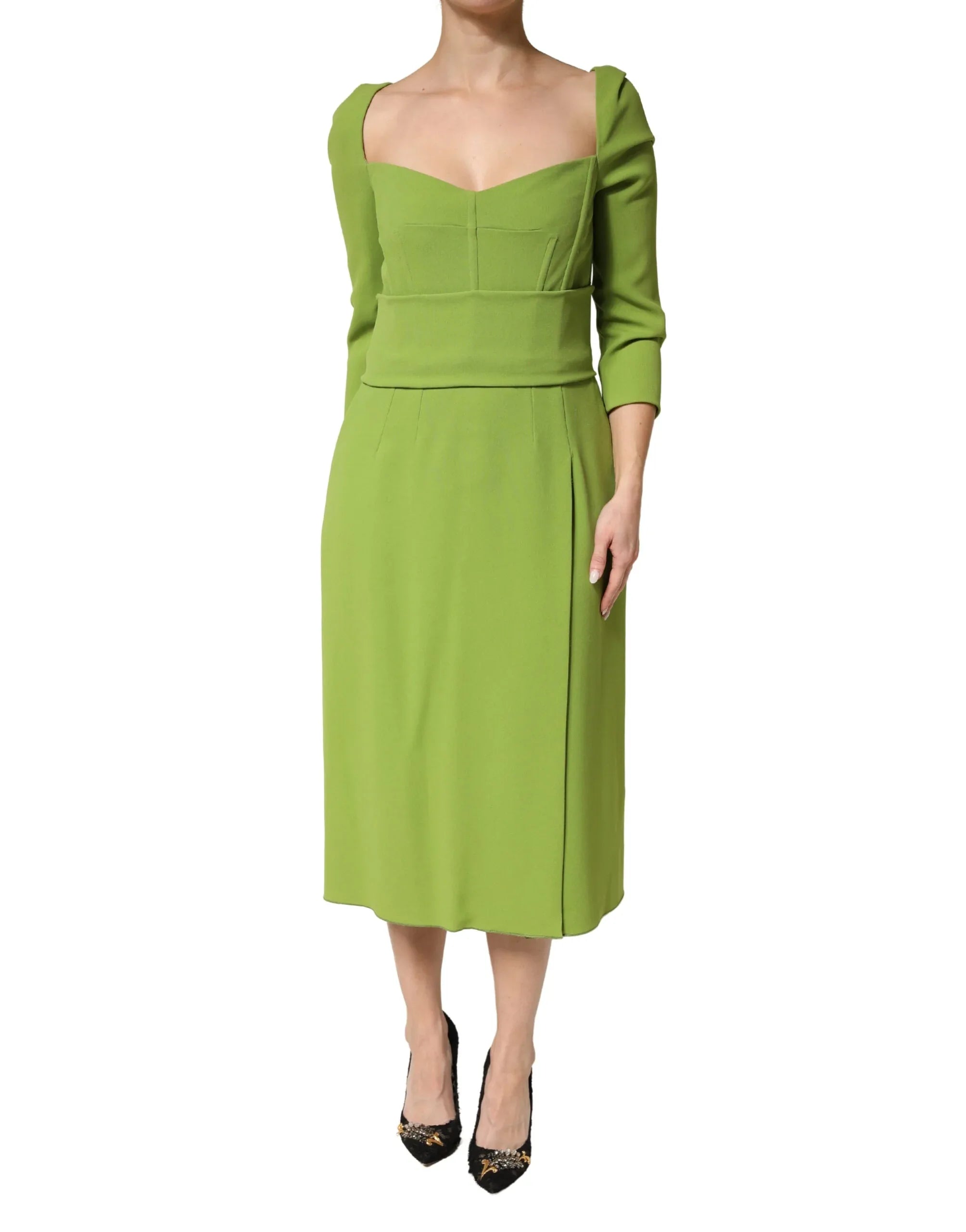 Dolce & Gabbana Green Silk Sweetheart Neckline Midi Dress - Zeiniez