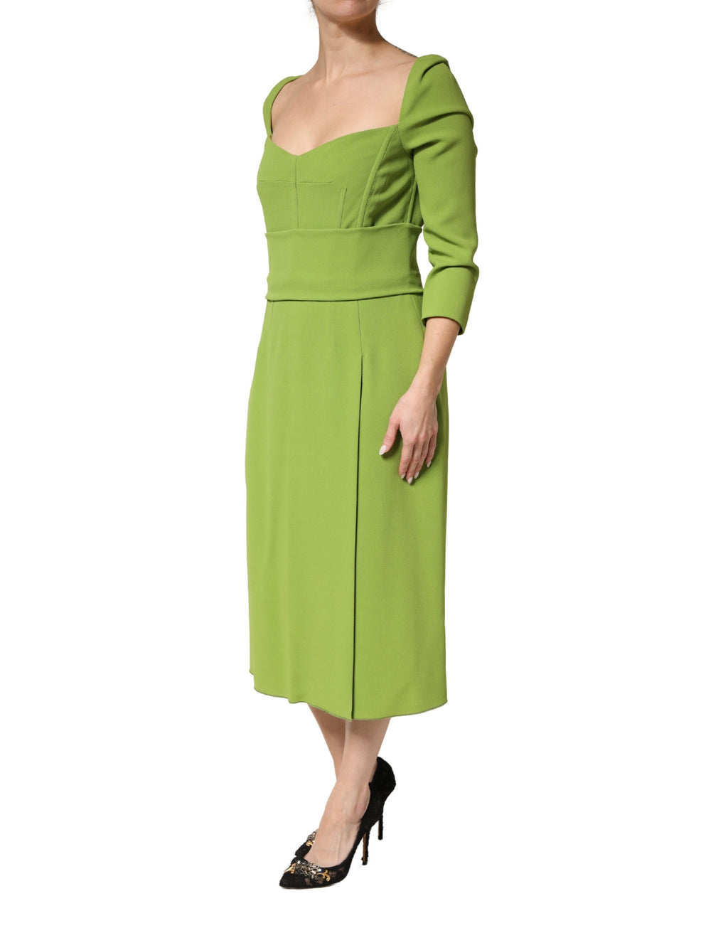 Dolce & Gabbana Green Silk Sweetheart Neckline Midi  Dress
