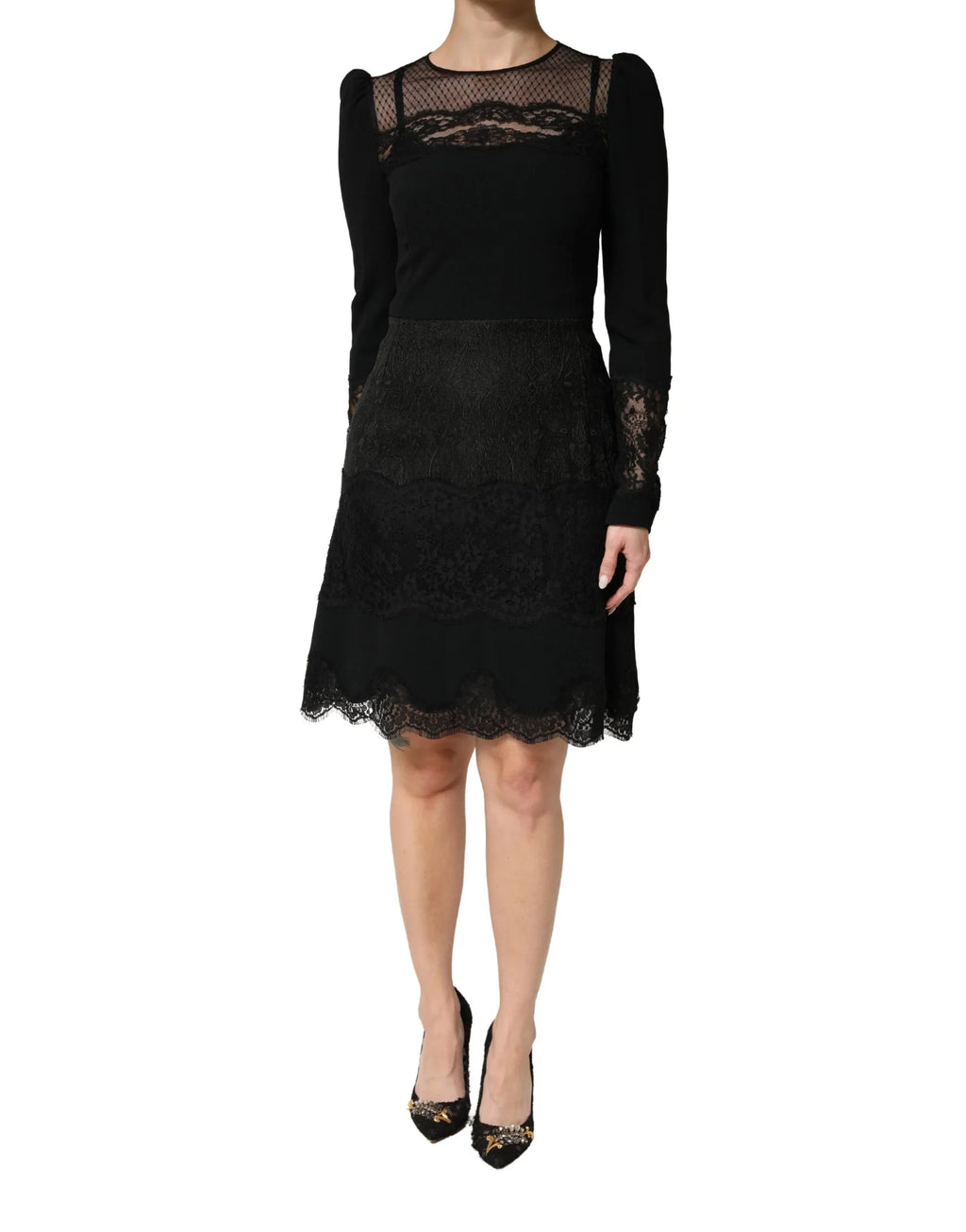Dolce & Gabbana Black Lace Sheer Panel Midi Long Sleeve Dress - Zeiniez