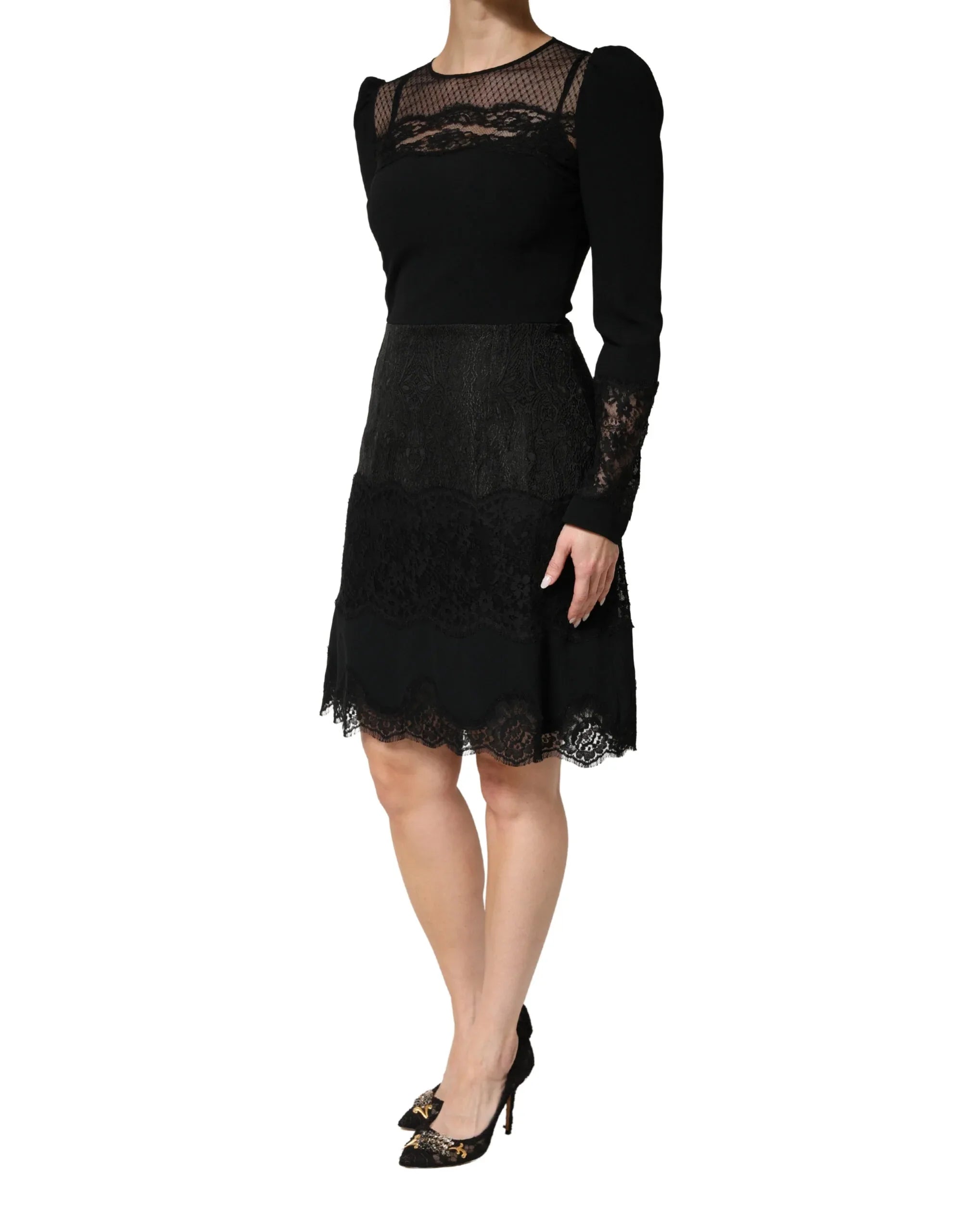 Dolce & Gabbana Black Lace Sheer Panel Midi Long Sleeve Dress - Zeiniez