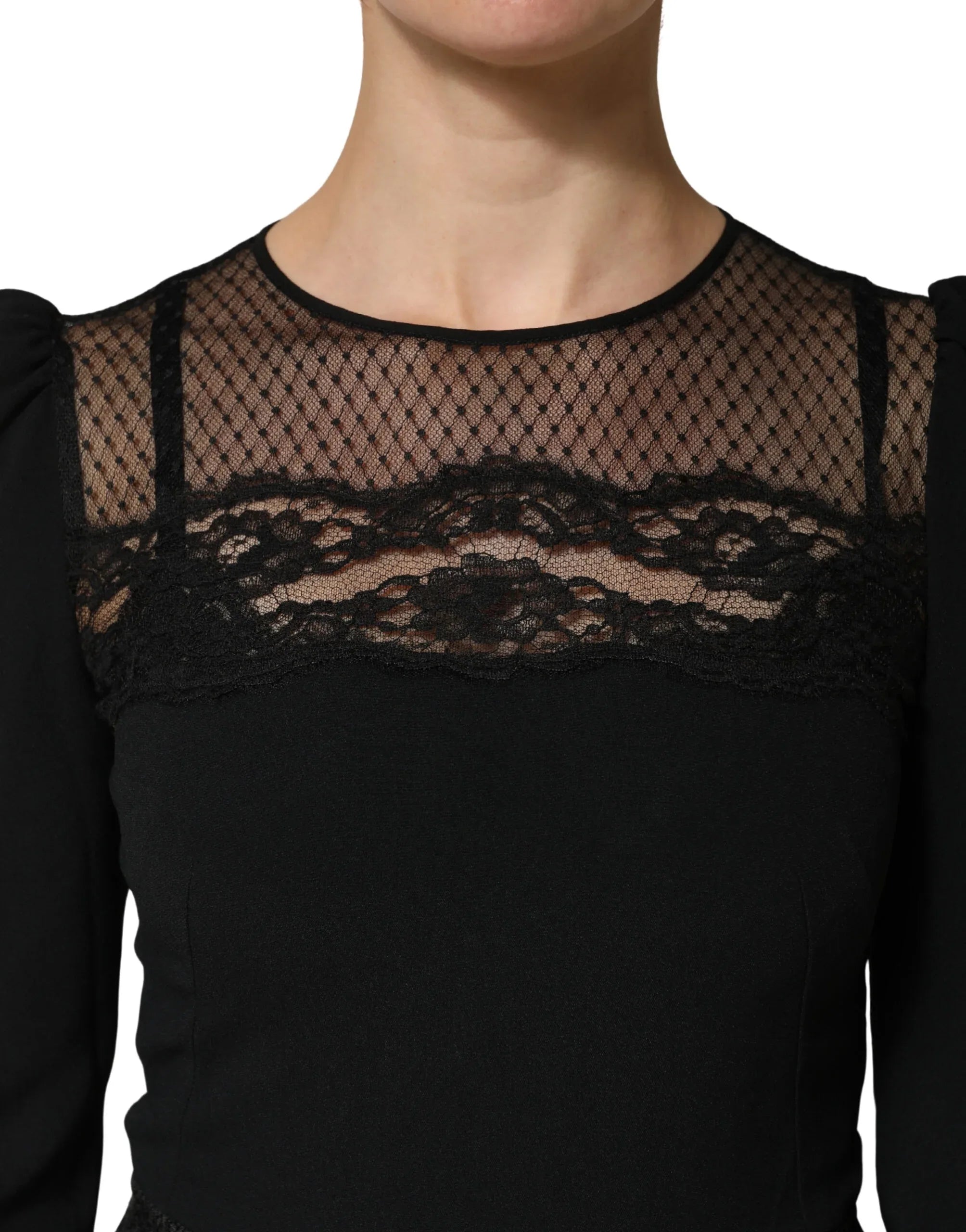 Dolce & Gabbana Black Lace Sheer Panel Midi Long Sleeve Dress - Zeiniez