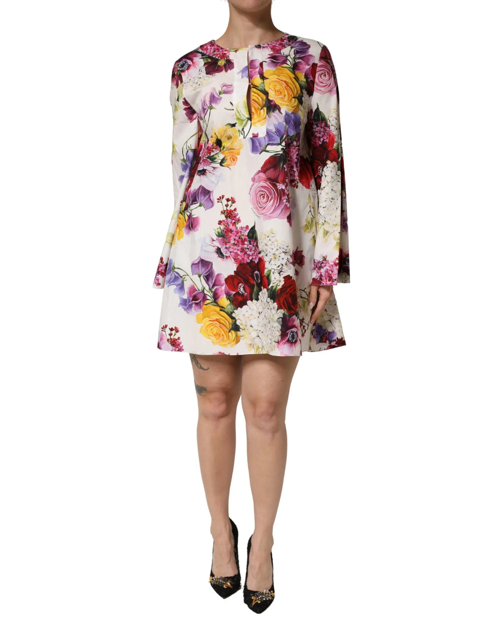 Dolce & Gabbana Multicolor Floral Cotton Longsleeves Midi Dress - Zeiniez