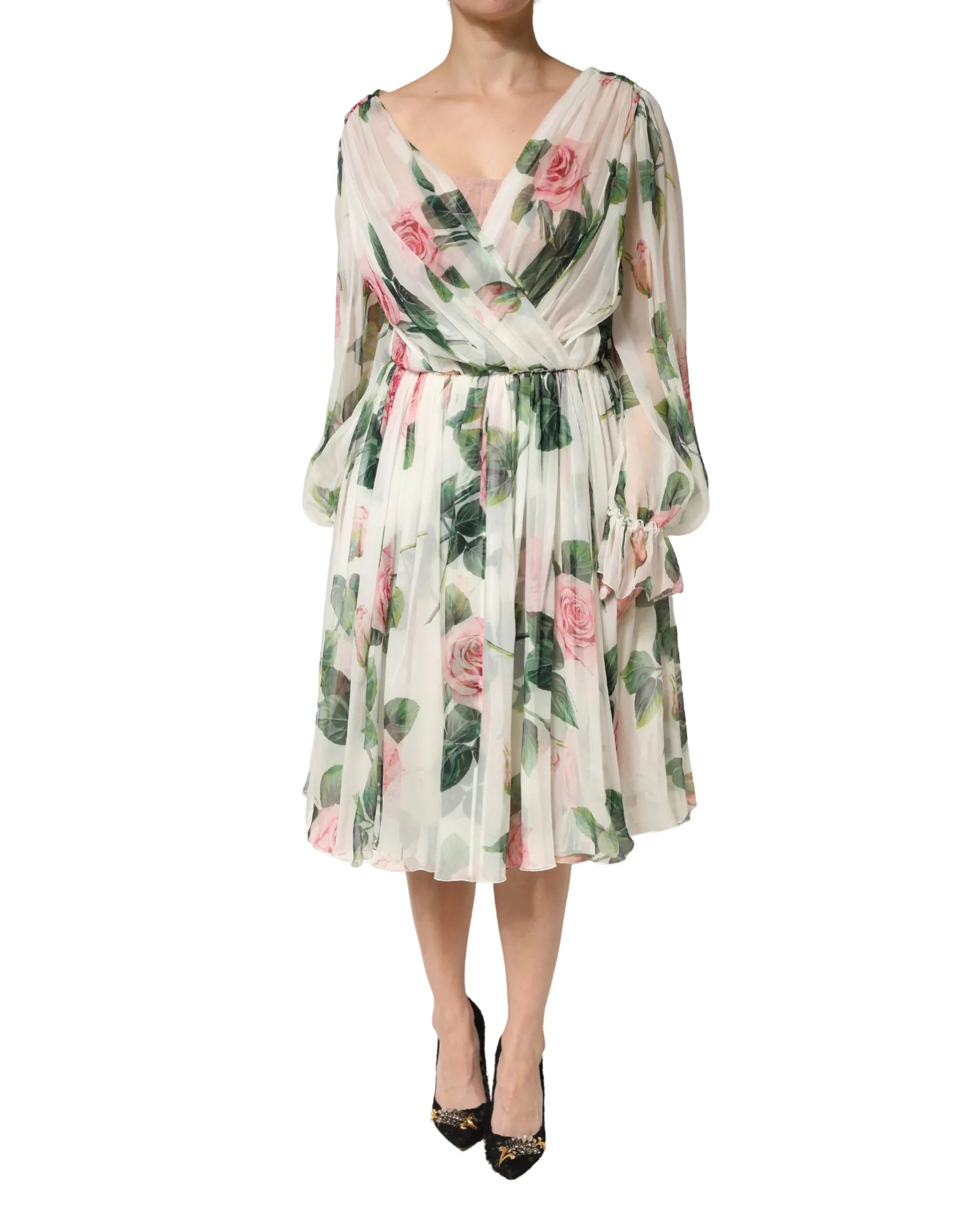 Dolce & Gabbana Floral Rose Ivory Silk Blend Longsleeve Dress - Zeiniez