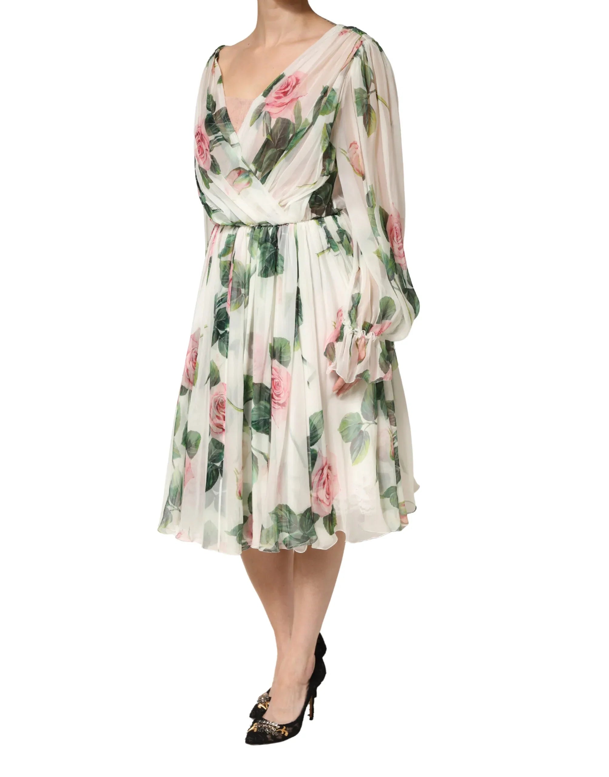 Dolce & Gabbana Floral Rose Ivory Silk Blend Longsleeve Dress - Zeiniez