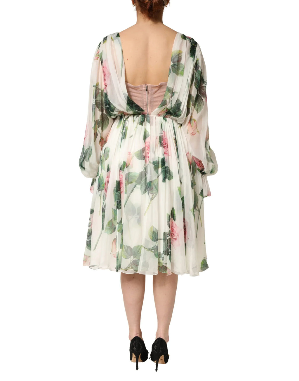 Dolce & Gabbana Floral Rose Ivory Silk Blend Longsleeve Dress - Zeiniez