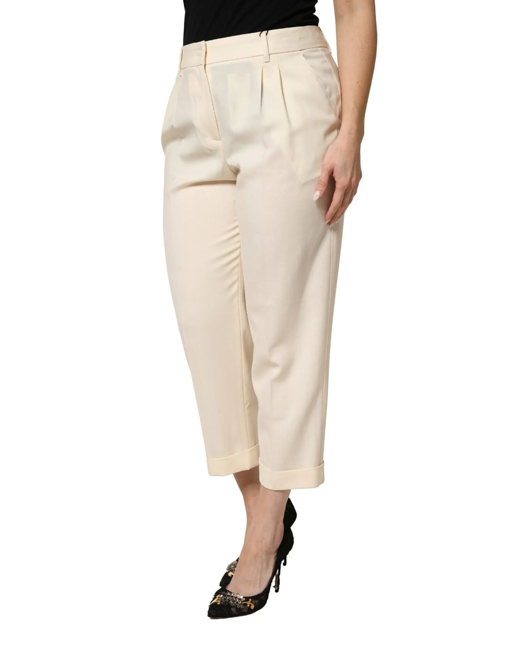 Dolce & Gabbana Ivory Wool Mid Waist Cropped Trouser Pants - Zeiniez