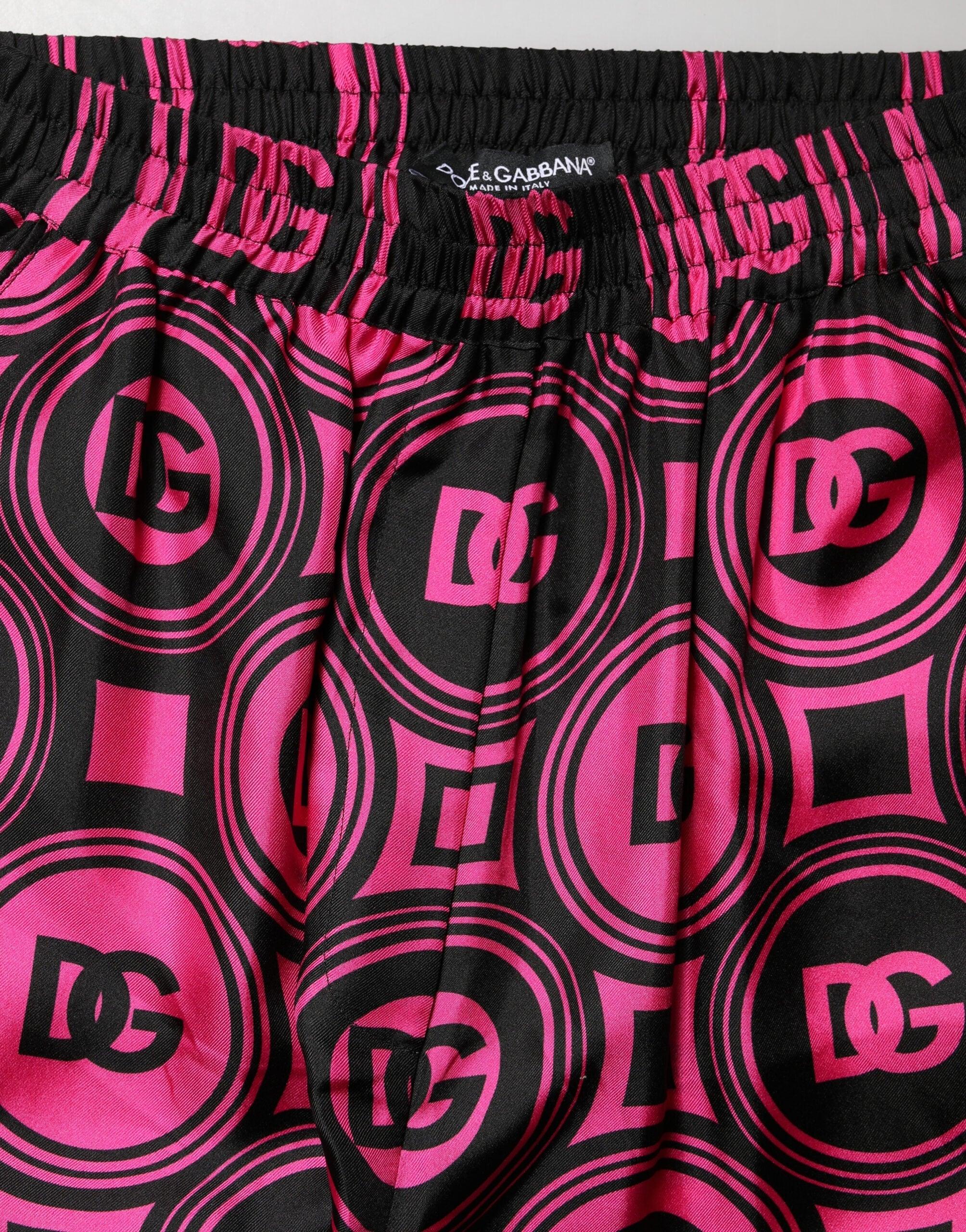Dolce & Gabbana Black Fuchsia Silk Logo Elastic Waist Shorts - Zeiniez