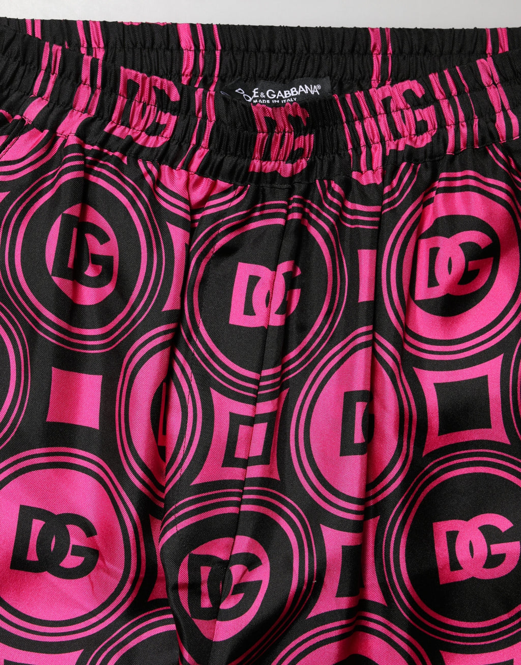 Dolce & Gabbana Black Fuchsia Silk Logo Elastic Waist Shorts