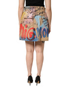 Dolce & Gabbana Beige Graffiti Print Cotton Blend Mini Skirt - Zeiniez