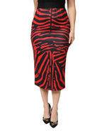 Dolce & Gabbana Red Black Zebra Print Polyester Pencil Midi Skirt - Zeiniez