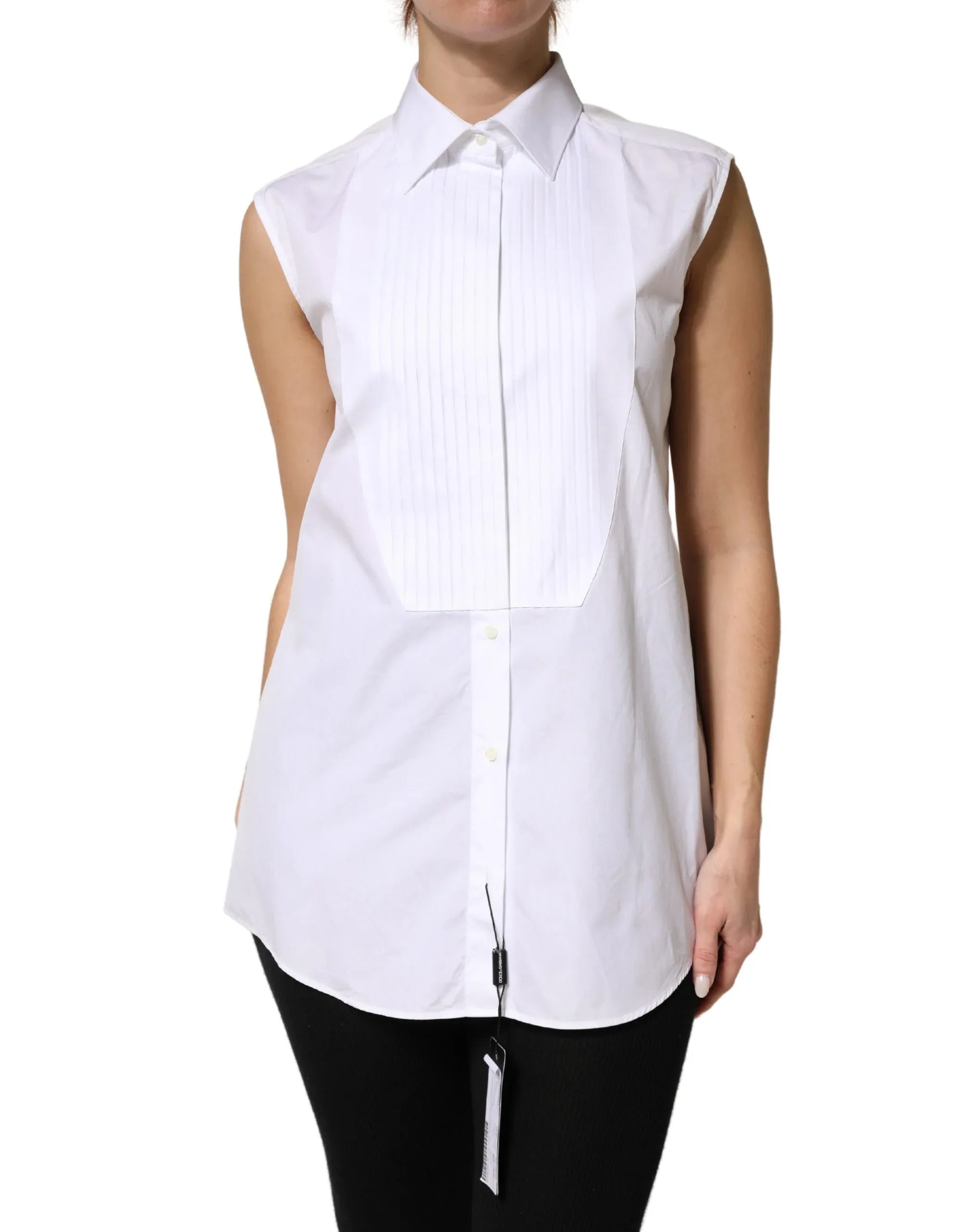 Dolce & Gabbana White Cotton Pleated Sleeveless Button Down Top - Zeiniez