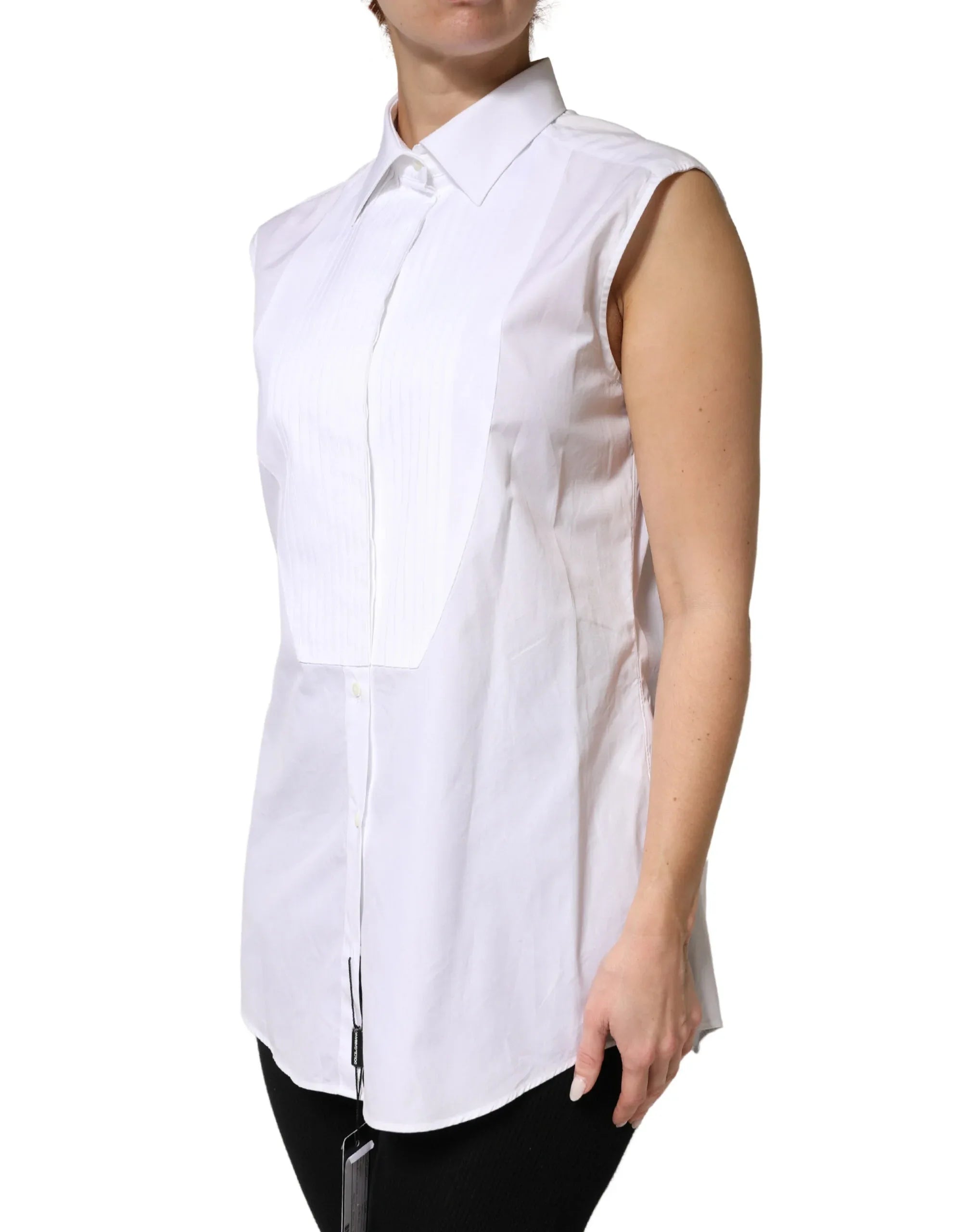 Dolce & Gabbana White Cotton Pleated Sleeveless Button Down Top - Zeiniez