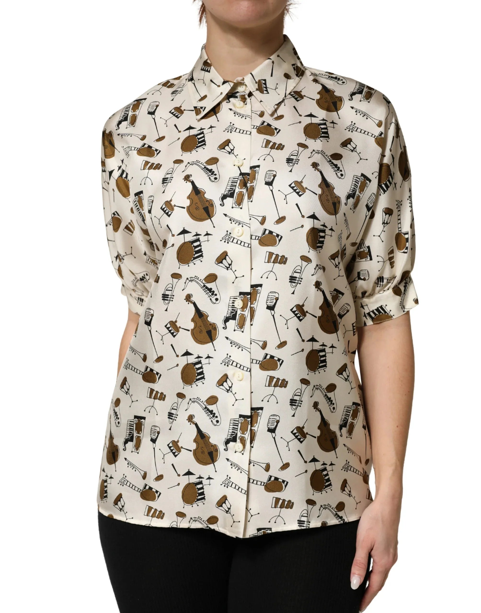 Dolce & Gabbana Beige Musical Instrument Print Short Sleeve Top - Zeiniez