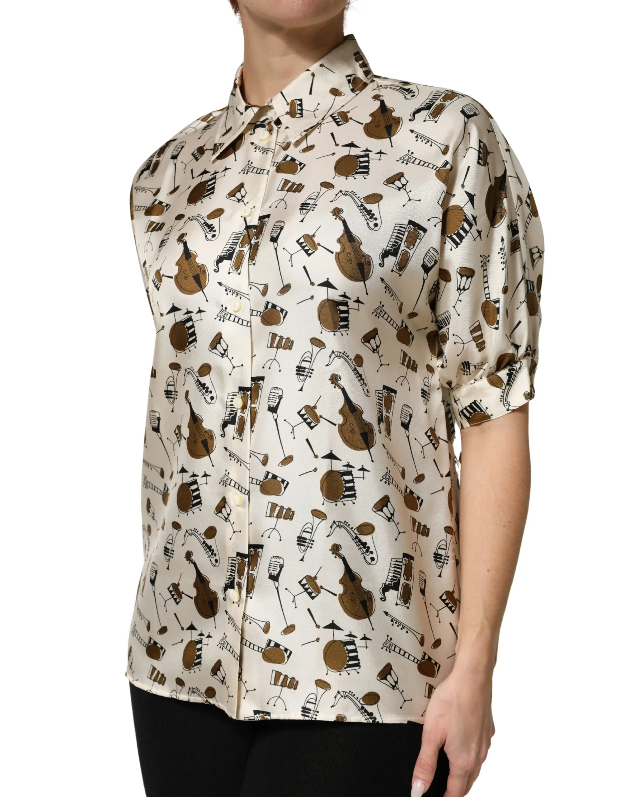 Dolce & Gabbana Beige Musical Instrument Print Short Sleeve Top - Zeiniez