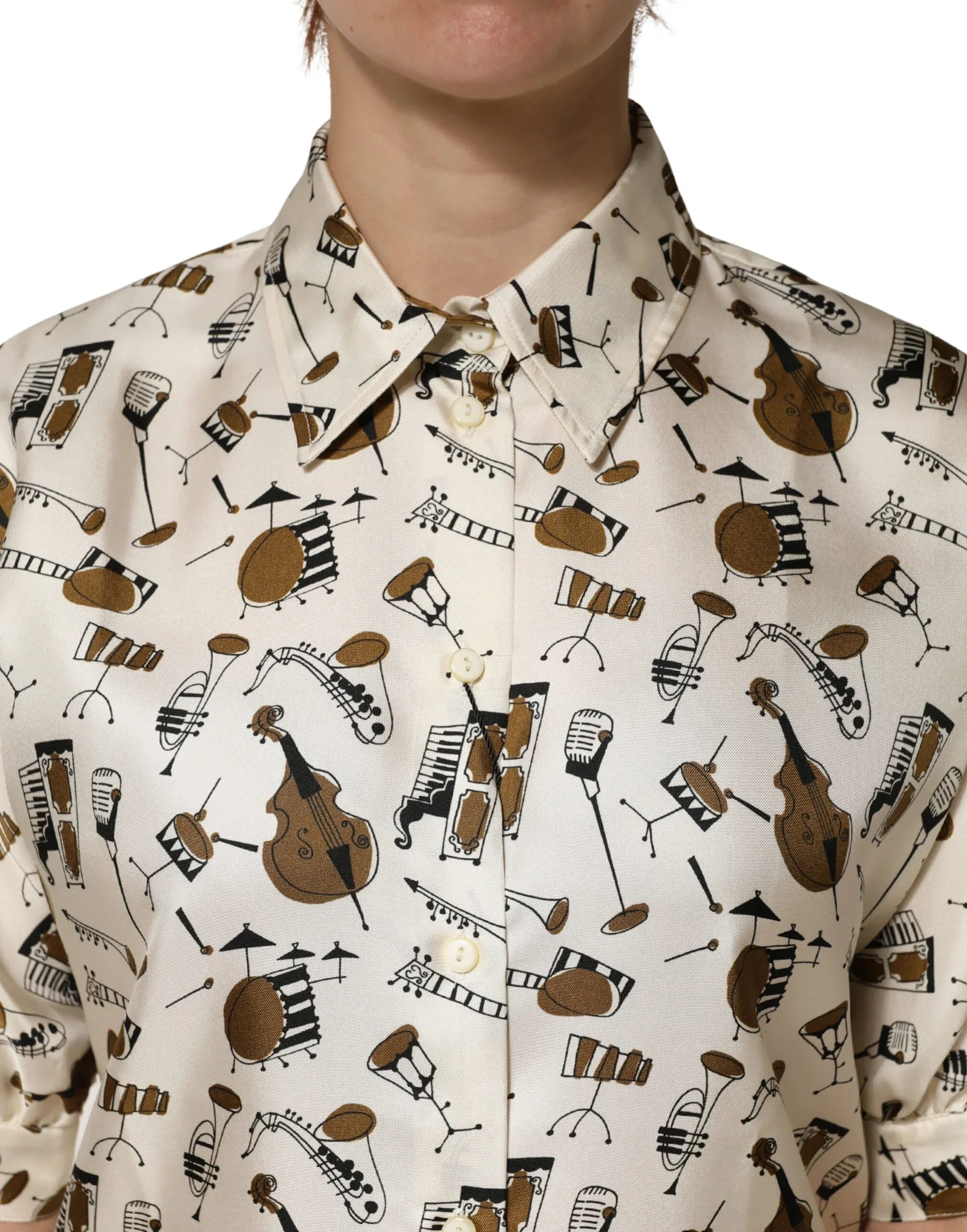 Dolce & Gabbana Beige Musical Instrument Print Short Sleeve Top - Zeiniez