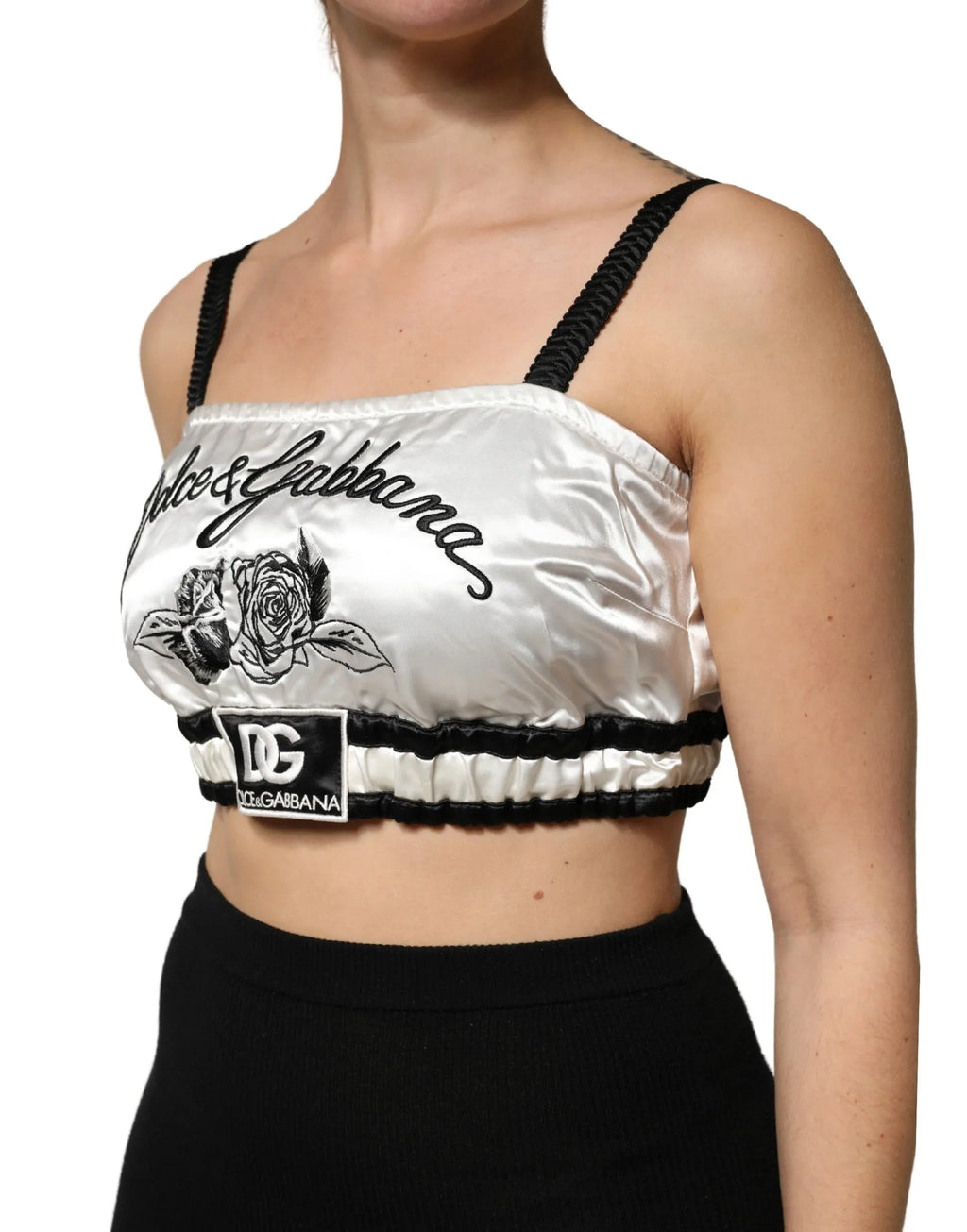 Dolce & Gabbana White Silk Satin Crop Black Logo Bralette Top - Zeiniez