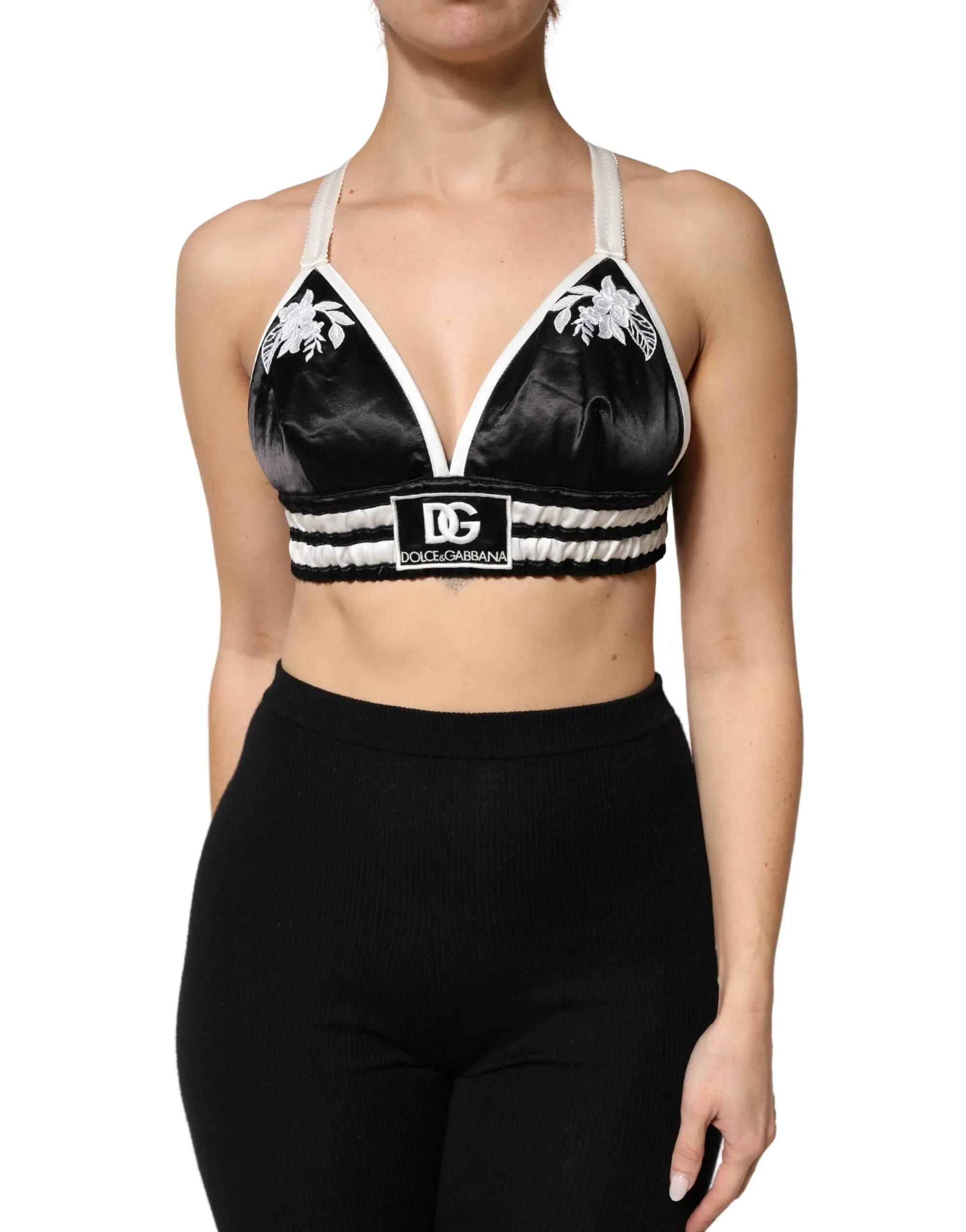 Dolce & Gabbana Black Floral Silk Satin Crop Logo Bralette Top - Zeiniez