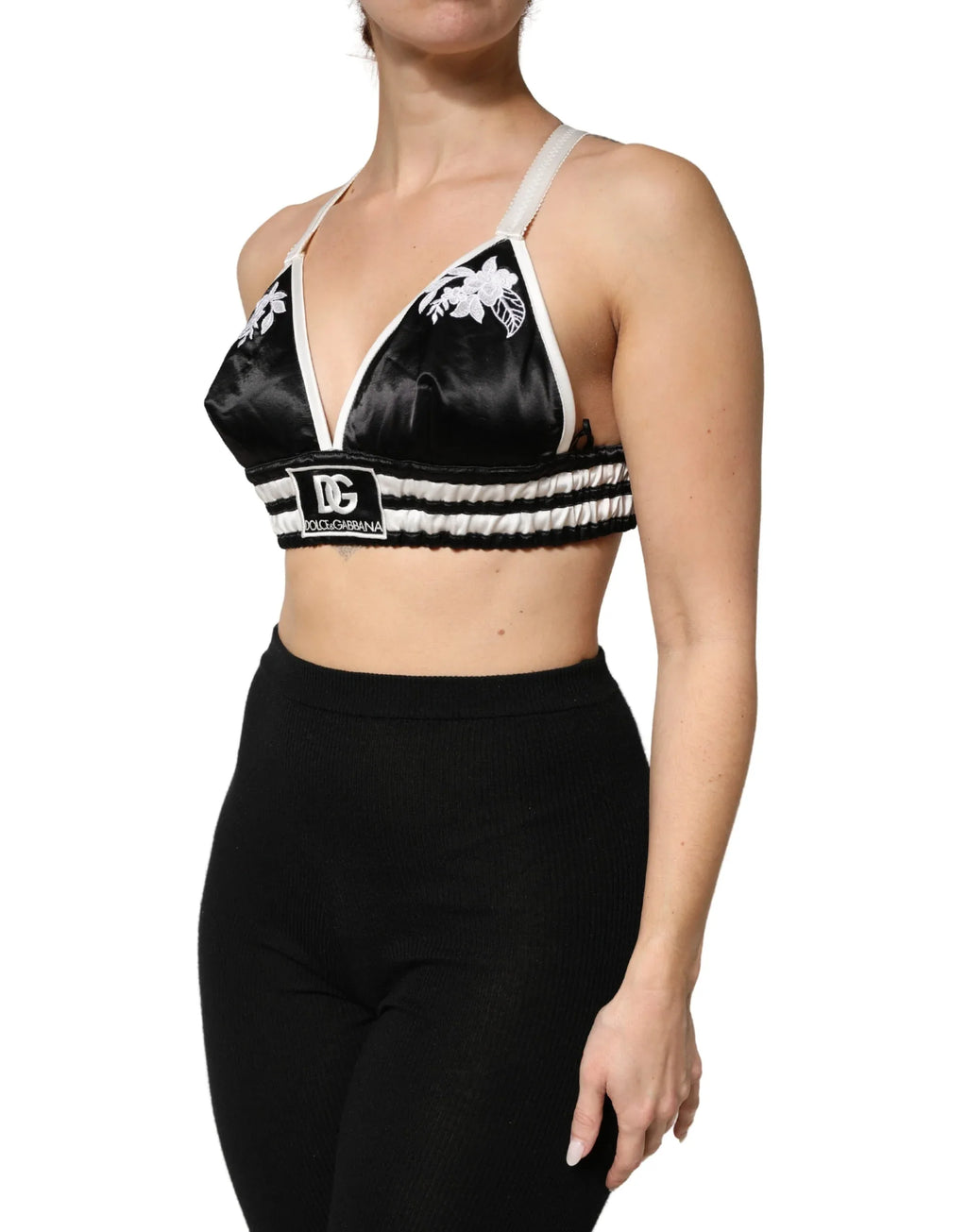 Dolce & Gabbana Black Floral Silk Satin Crop Logo Bralette Top - Zeiniez