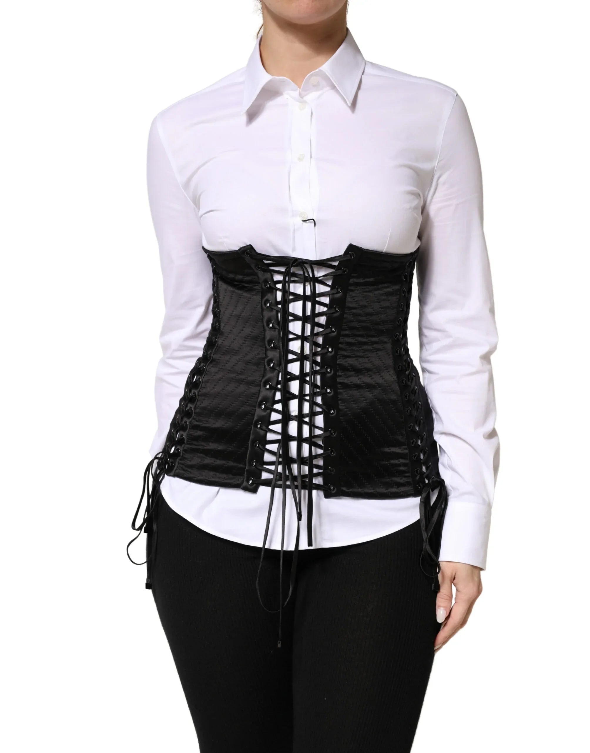 Dolce & Gabbana Black Silk Lace-Up Waist Cincher Corset Top - Zeiniez