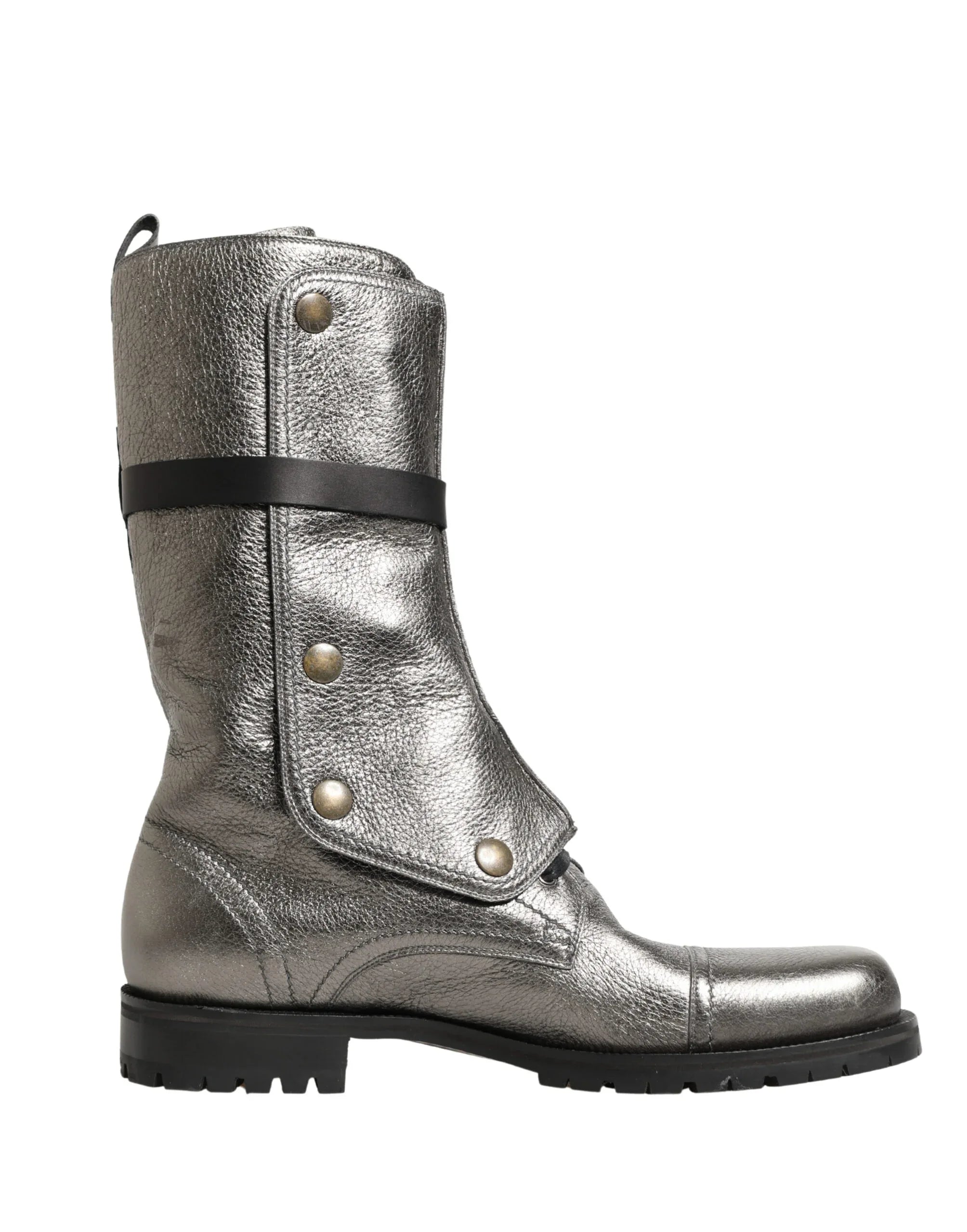 Dolce & Gabbana Metallic Leather Buckle Combat Boots Shoes - Zeiniez