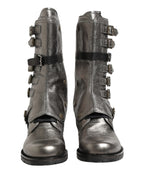 Dolce & Gabbana Metallic Leather Buckle Combat Boots Shoes - Zeiniez