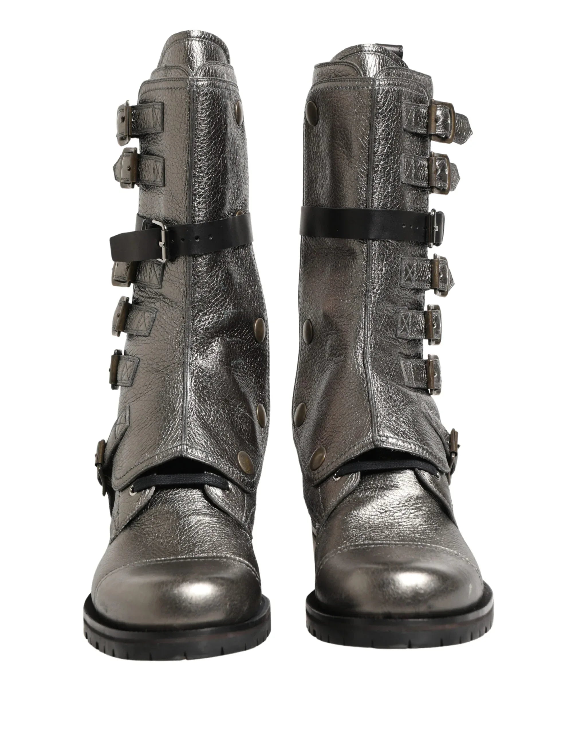 Dolce & Gabbana Metallic Leather Buckle Combat Boots Shoes - Zeiniez