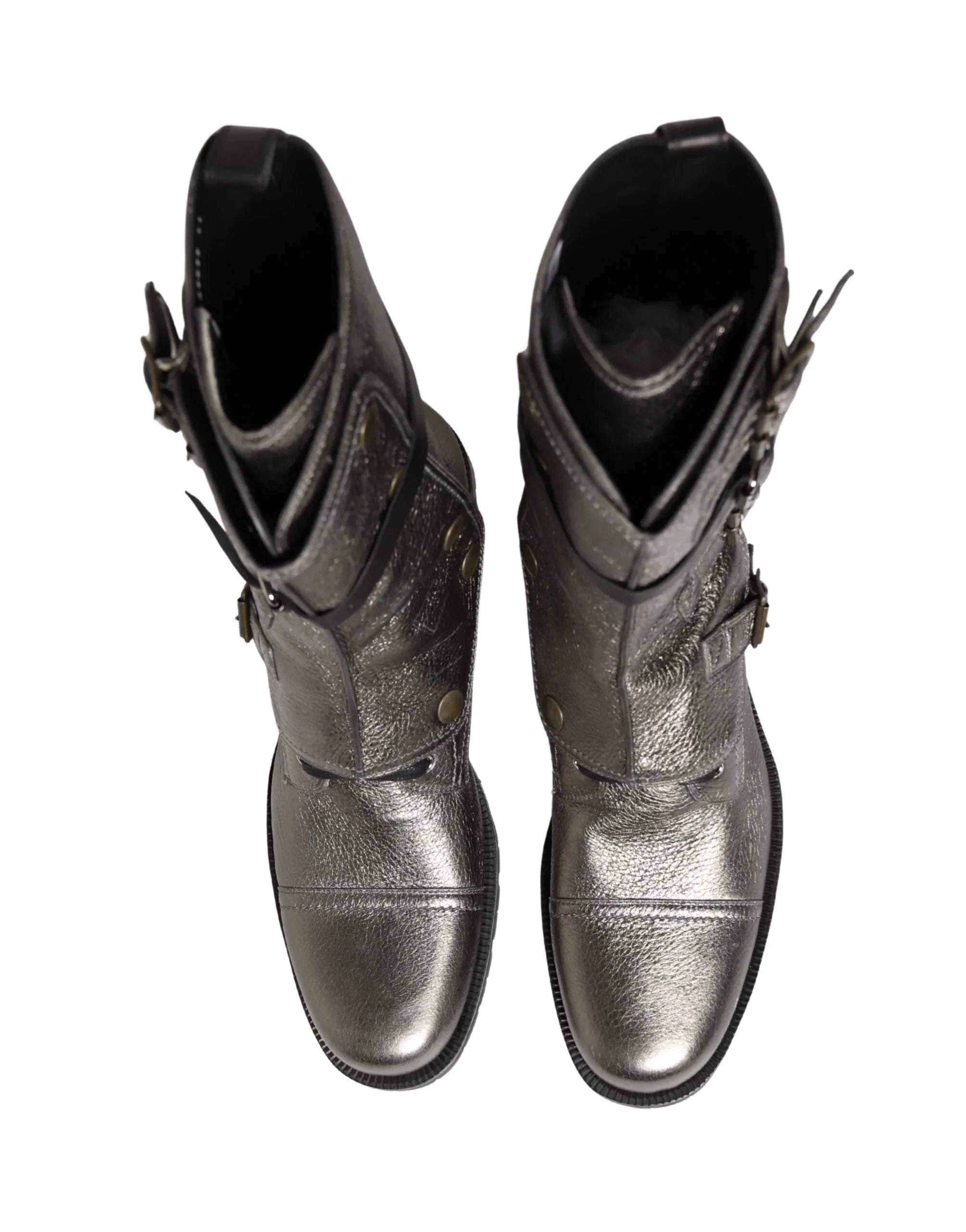 Dolce & Gabbana Metallic Leather Buckle Combat Boots Shoes - Zeiniez