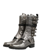 Dolce & Gabbana Metallic Leather Buckle Combat Boots Shoes - Zeiniez