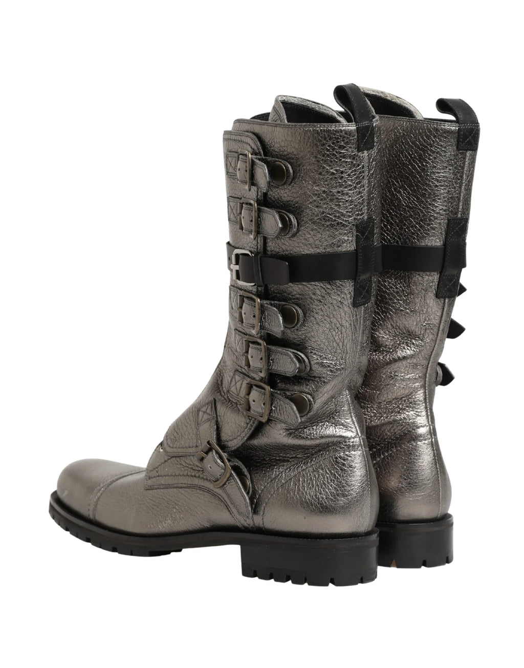 Dolce & Gabbana Metallic Leather Buckle Combat Boots Shoes - Zeiniez