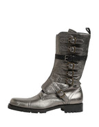 Dolce & Gabbana Metallic Leather Buckle Combat Boots Shoes - Zeiniez
