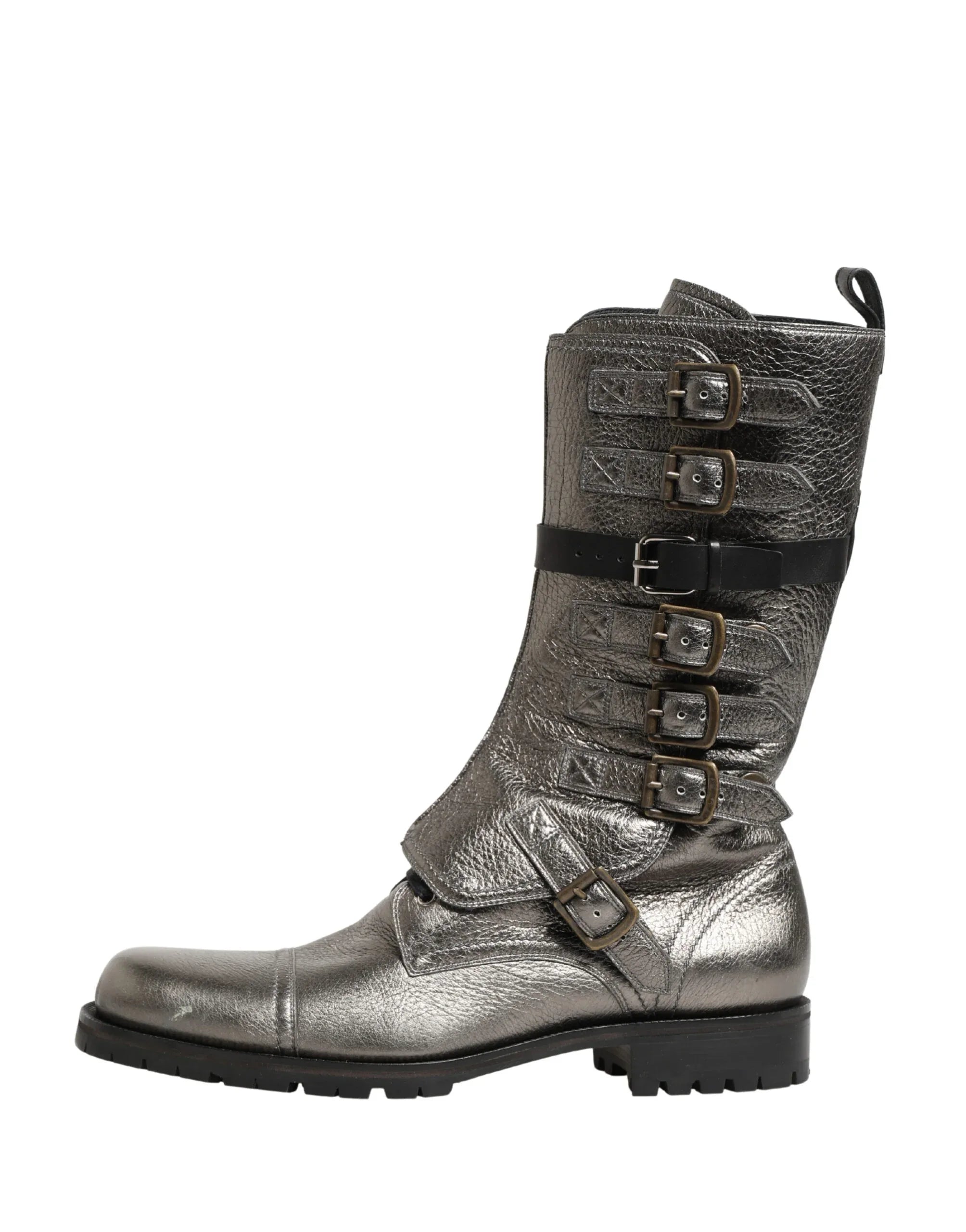 Dolce & Gabbana Metallic Leather Buckle Combat Boots Shoes - Zeiniez
