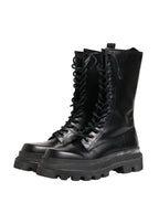 Dolce & Gabbana Black Leather Trek Sole Combat Boots Shoes