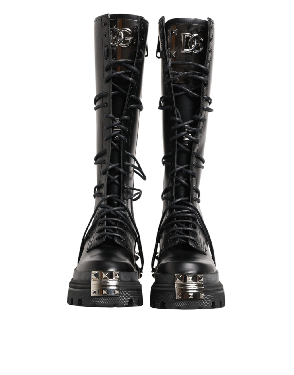 Dolce & Gabbana Black Leather Knee High Combat Boots Shoes